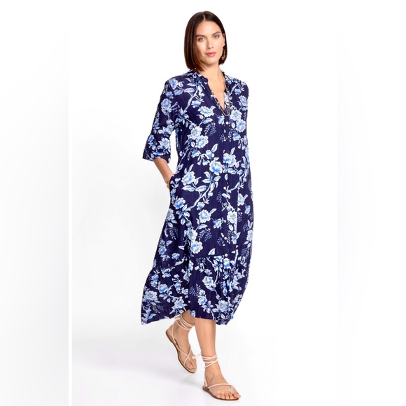 NWT Johnny Was Hi Low Ruffle‎ Sleeve Maxi Dress Magnolia Blue Floral Flowy Med P - Picture 1 of 16